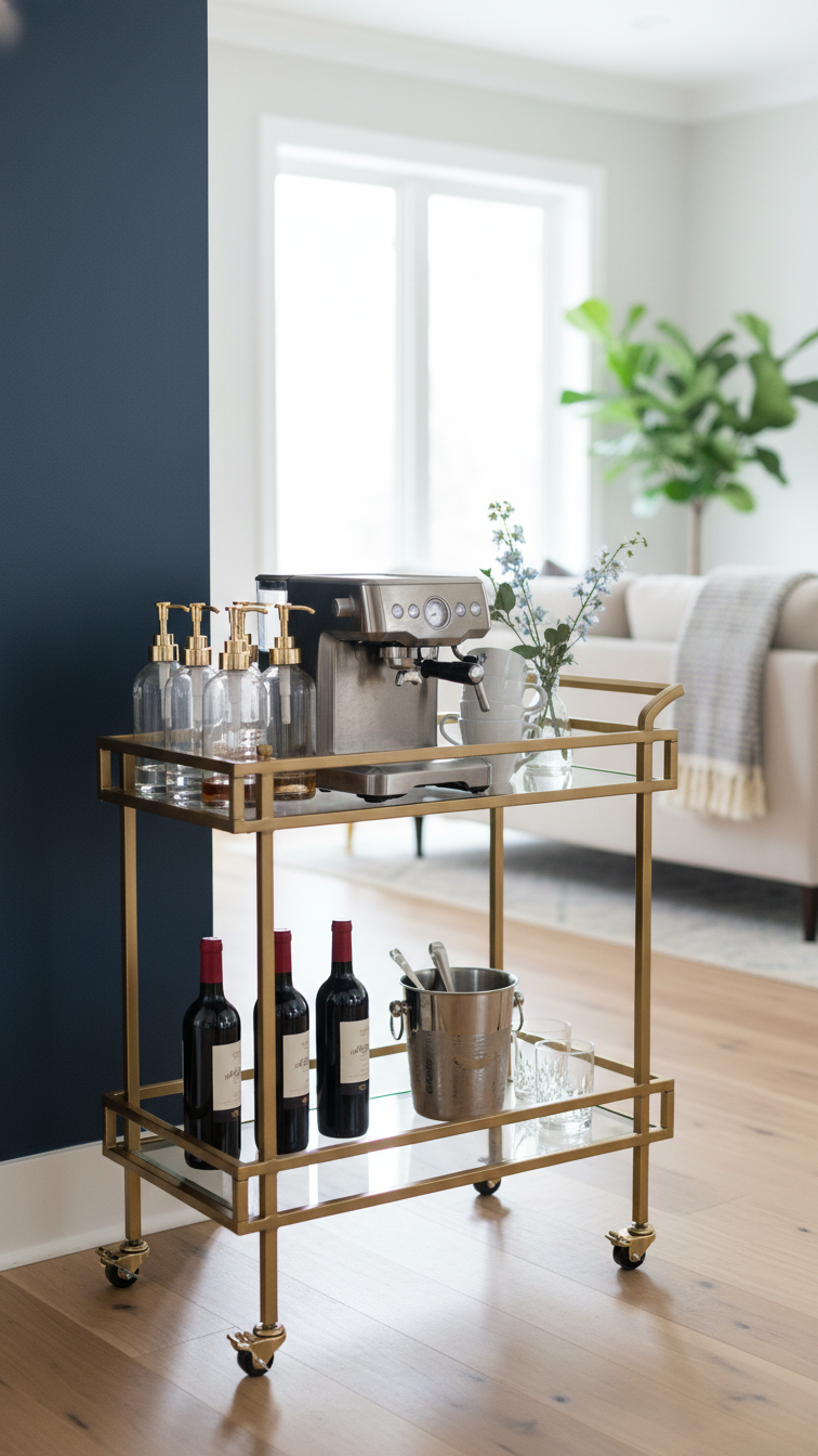 Gold metal bar cart serving as elegant coffee station with espresso machine and wine bottles against navy blue wall