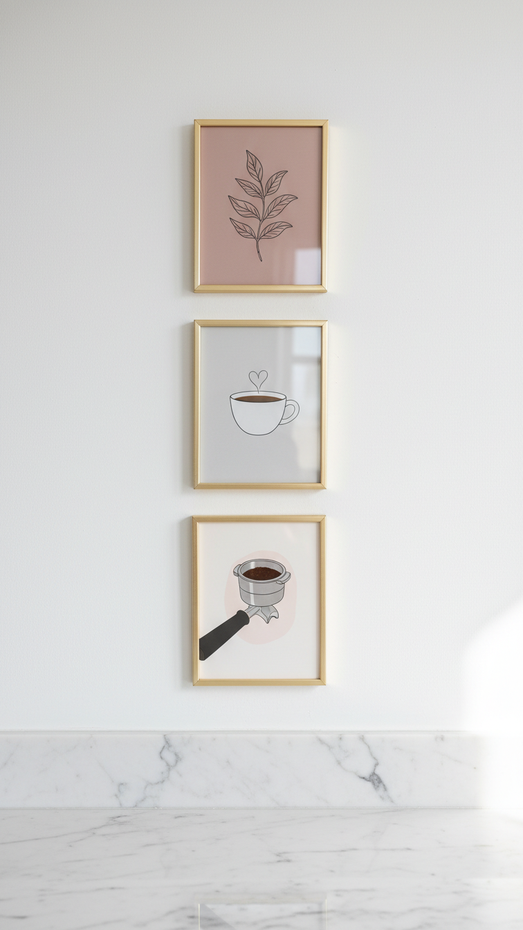 Gold metal frames with coffee-themed greeting cards hanging vertically on soft white wall