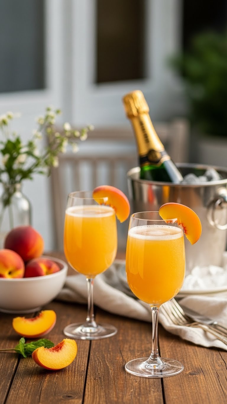 Golden Hour Peach Bellini Mimosas in champagne flutes with peach slice garnish on rustic wooden table in warm golden light.