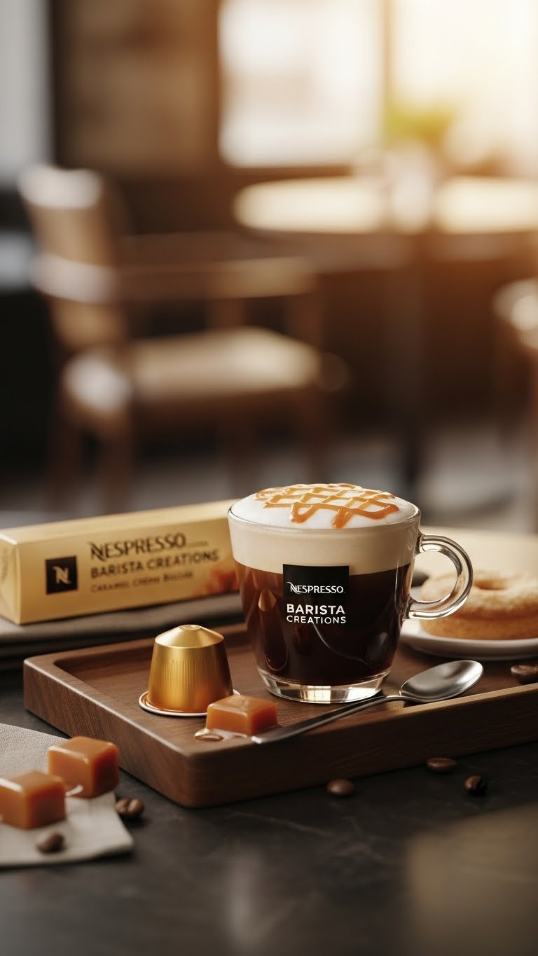 Golden Nespresso Caramel Crème Brûlée capsule with caramel-drizzled macchiato on dark wood tray