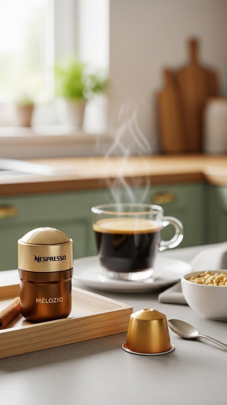 Golden Nespresso Vertuo Melozio coffee pod with steaming cup on light wooden tray in cozy kitchen setting