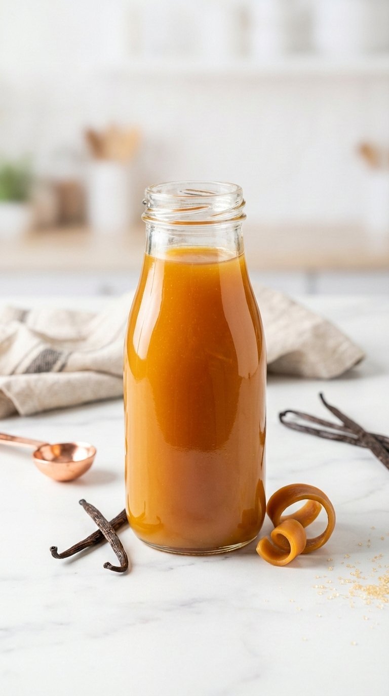Golden amber homemade coffee syrup in glass bottle with vanilla bean sprig on marble countertop