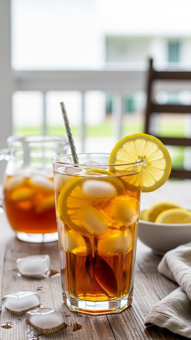 Golden amber sweet iced tea in tall glass with lemon slice, clear ice cubes, and long-handled spoon on rustic wooden table