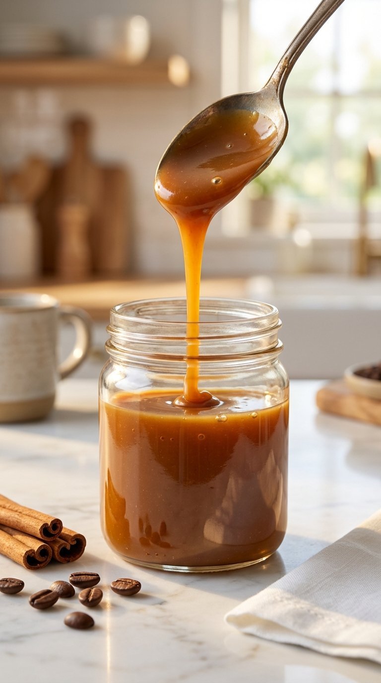 Golden-brown caramel coffee sauce pouring from spoon into glass jar on marble countertop with cinnamon sticks and coffee beans.