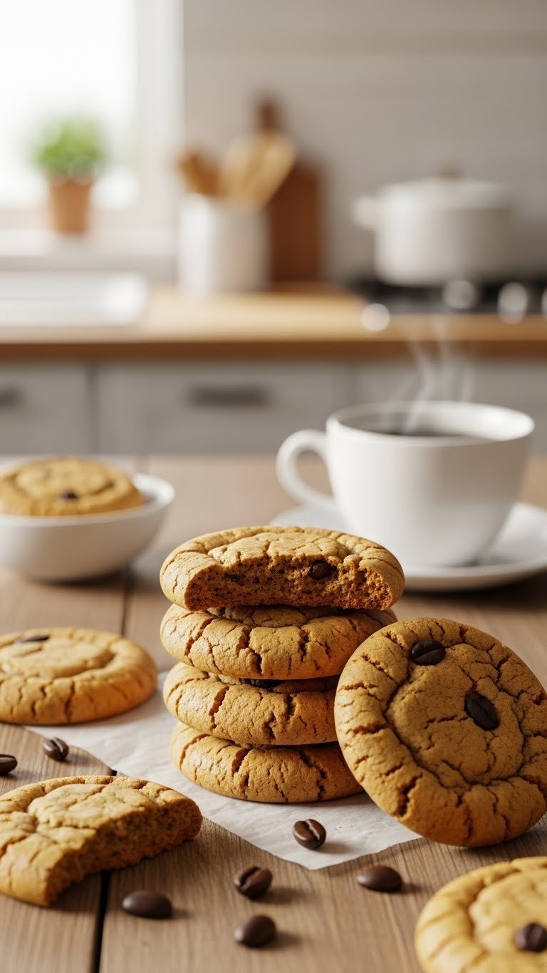 Golden-brown chewy coffee cookies with crackled tops, one broken to show moist interior, next to coffee on a rustic table.