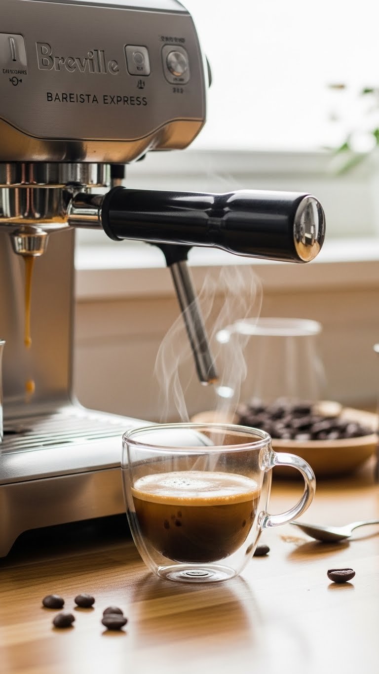 Golden-brown espresso shot pouring into clear glass cup from Breville portafilter with soft natural lighting