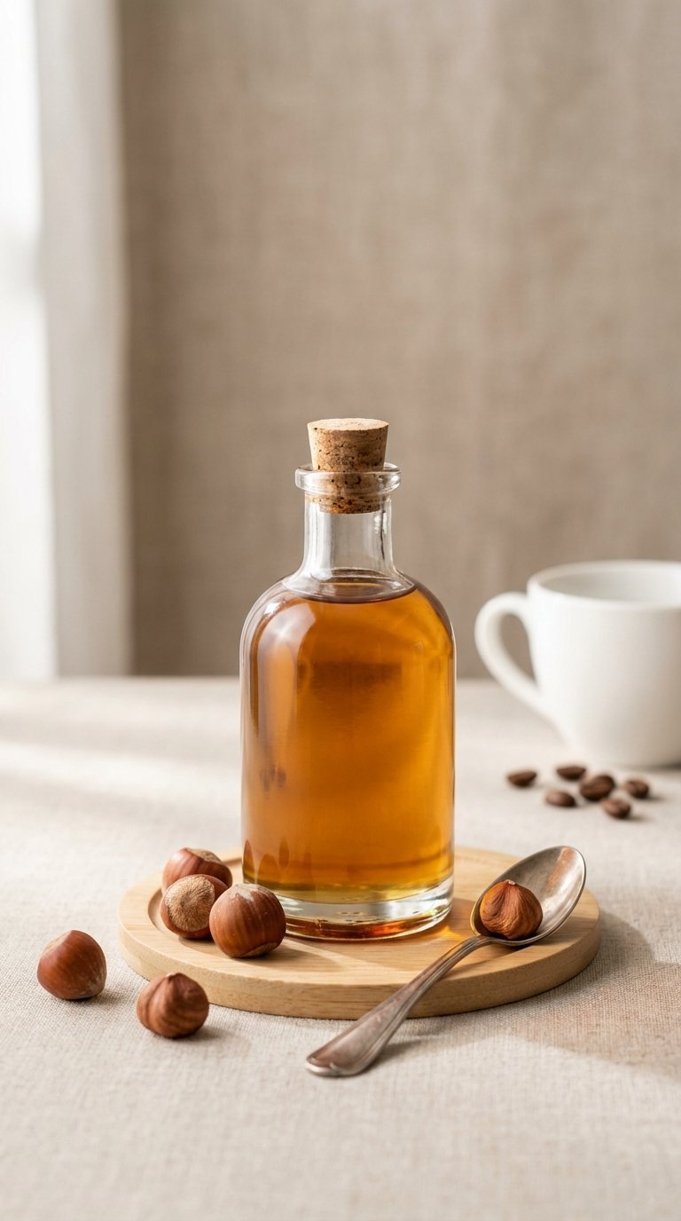 Golden-brown hazelnut syrup in elegant bottle with whole hazelnuts on wooden coaster with coffee cup and beans.