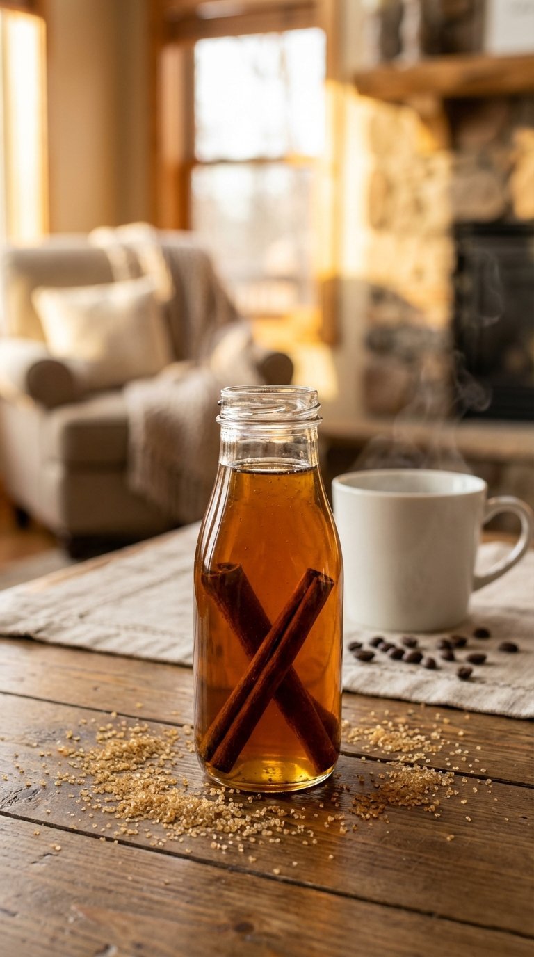 Golden-brown sugar cinnamon syrup bottle with submerged cinnamon sticks on rustic wooden table with coffee mug.