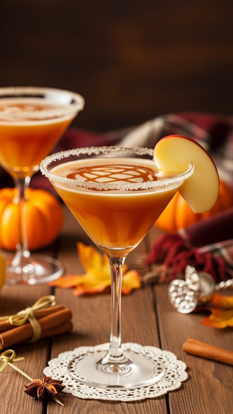 Golden caramel apple martini with sugar-cinnamon rim and apple slice garnish on rustic wooden surface