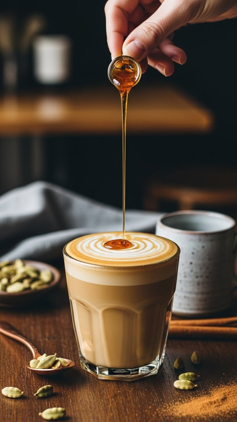 Golden cardamom spice syrup swirls intricately on a foam-topped latte with cardamom pods and cinnamon on a rustic table.
