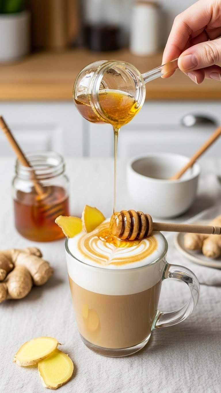 Golden honey ginger syrup drizzles over a foamy latte, garnished with candied ginger and a honey dipper on a linen table.