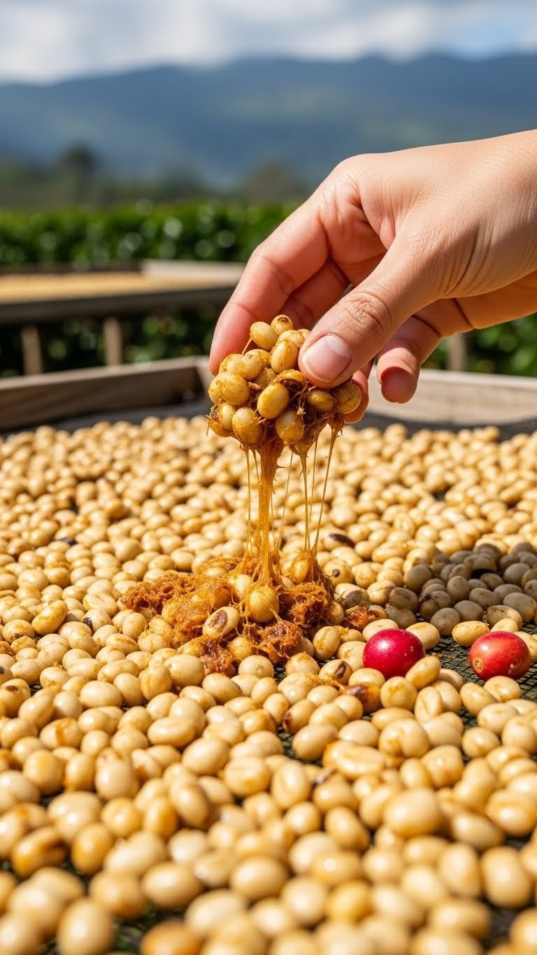Golden honey processed coffee beans drying on mesh bed with natural sunlight highlighting mucilage coating