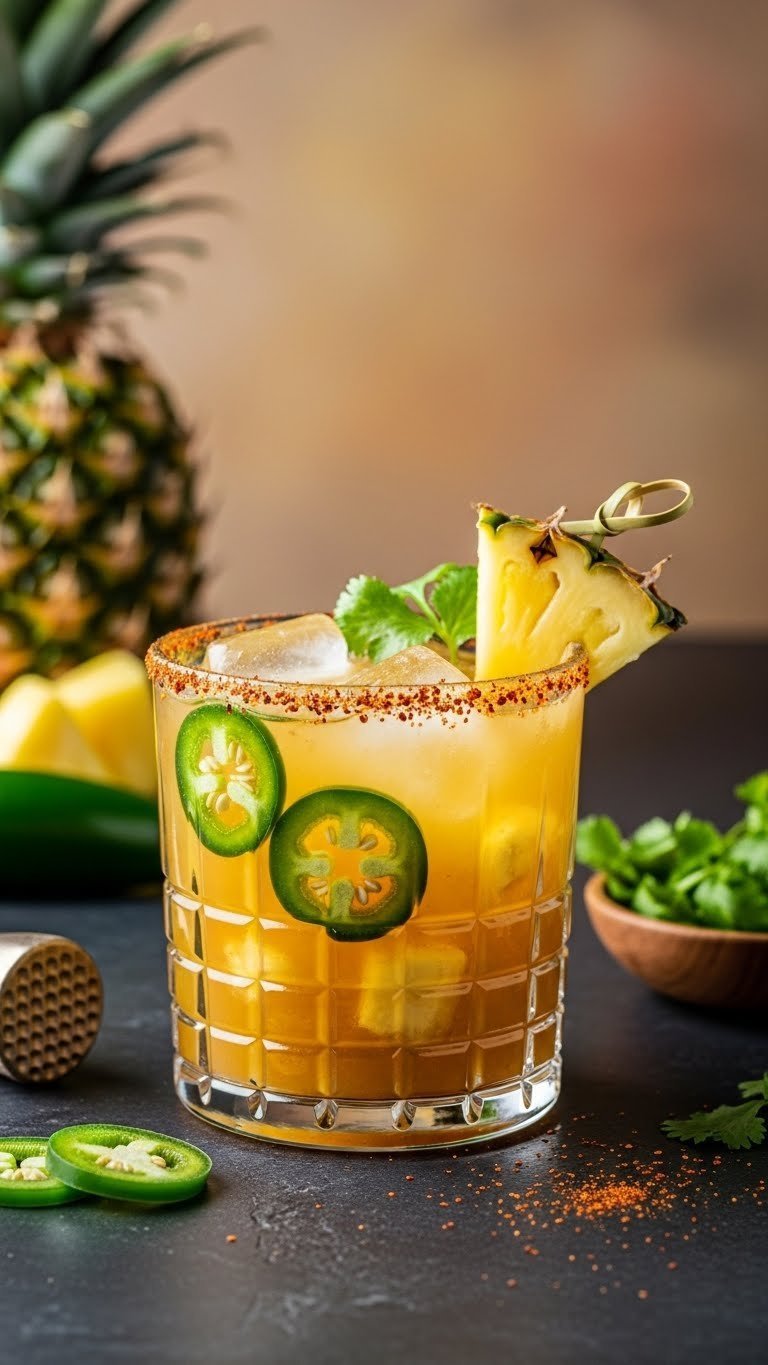 Golden-hued pineapple jalapeño cocktail with green pepper slices, pineapple chunks and cilantro garnish on dark stone