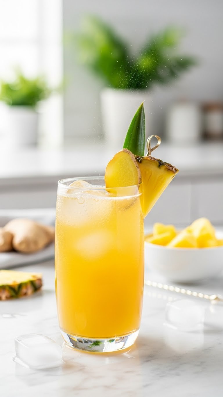 Golden pineapple ginger spritzer in elegant glass with pineapple wedge and ginger slice garnish