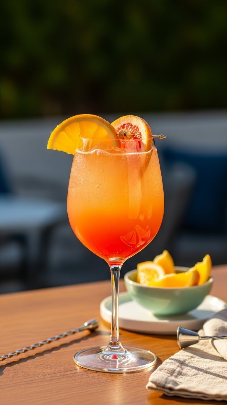 Golden sunset citrus spritzer in stemmed glass with orange and grapefruit slices glowing with warm golden hour lighting