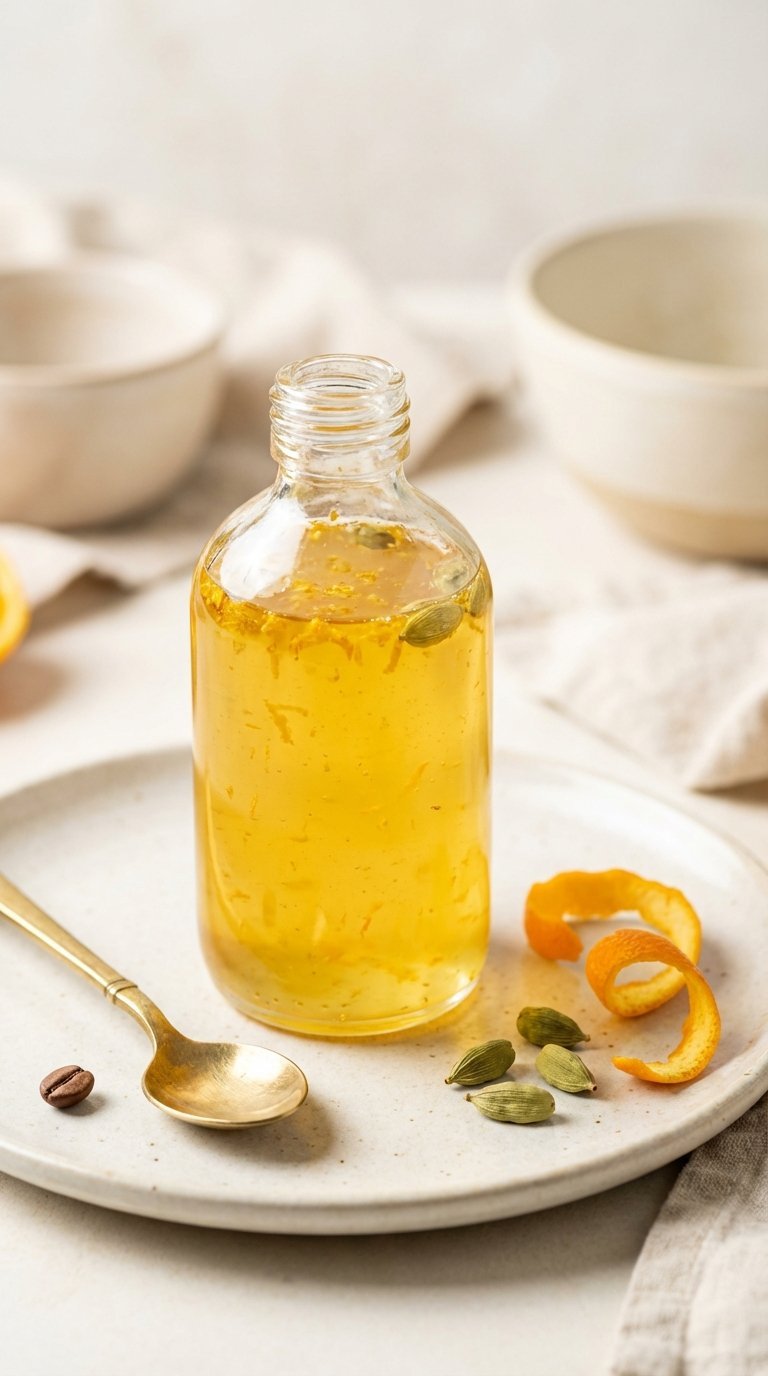 Golden-yellow orange cardamom syrup bottle with citrus zest and cardamom pods on ceramic plate with ornate spoon.