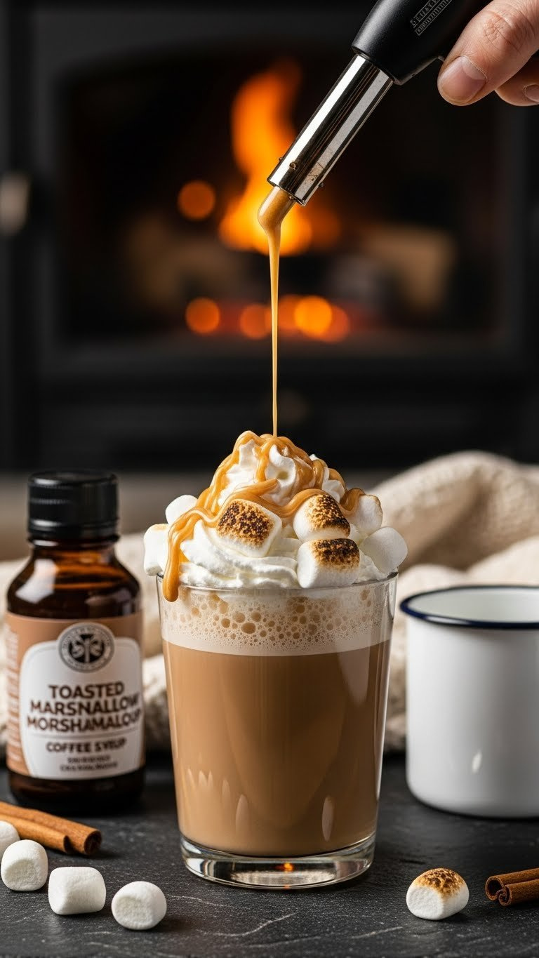 Gooey toasted marshmallow syrup swirls over whipped cream with toasted marshmallows on a mocha in a rustic cabin setting.