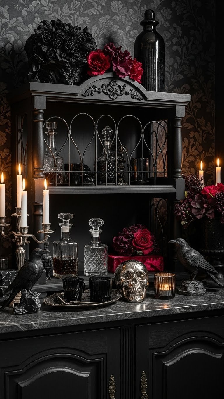 Gothic Victorian cabinet coffee bar in matte black with wrought iron details, crystal decanters, and crimson velvet accents