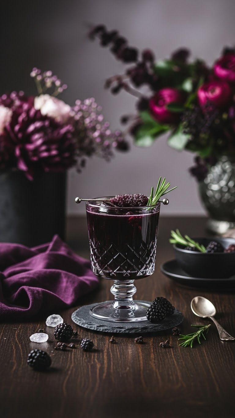 Gothic black magic berry elixir in dark goblet with floating silver sugar crystals and dark herb garnish