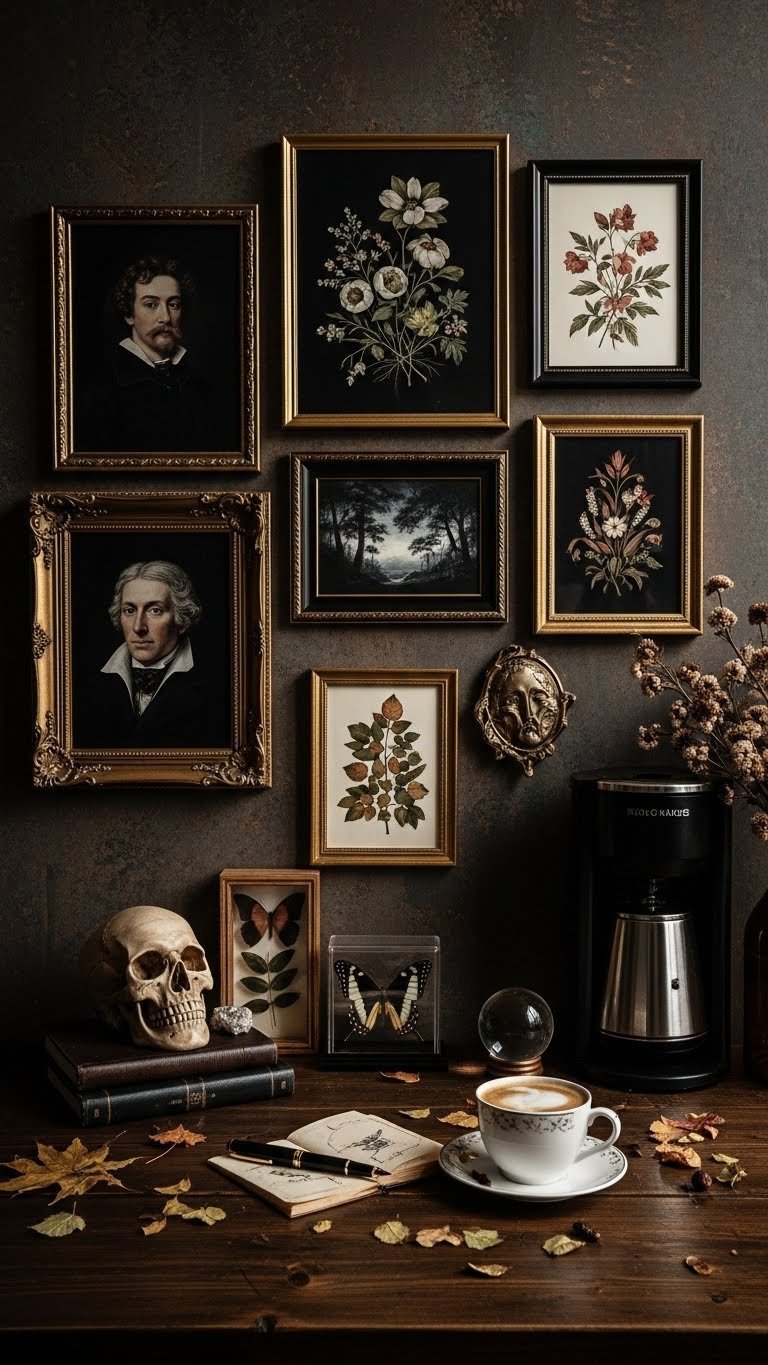 Gothic coffee bar gallery wall with framed macabre art prints and countertop display of skull replica and crystal ball