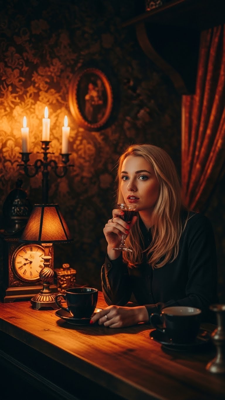 Gothic coffee bar illuminated by flickering candlelight creating dramatic shadows on dark wood countertop and velvet drapery