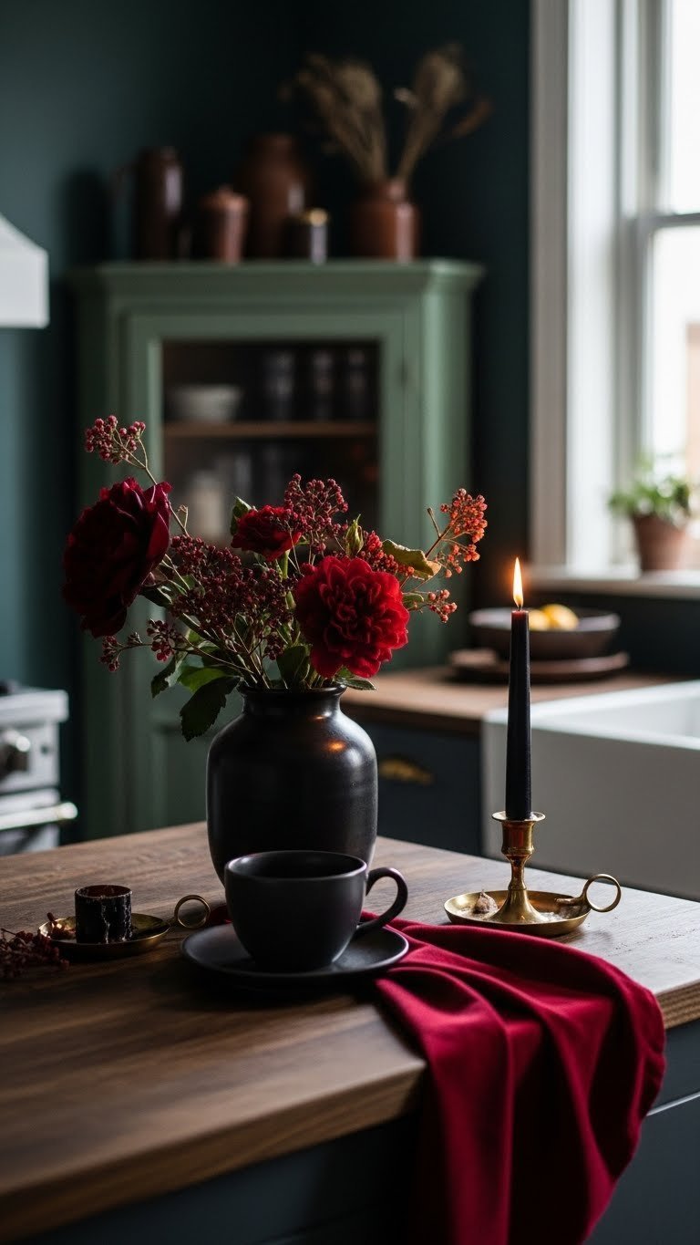Gothic coffee bar with dark wood countertop, ceramic mug, brass candle holder, and velvet napkin in moody charcoal and oxblood color palette