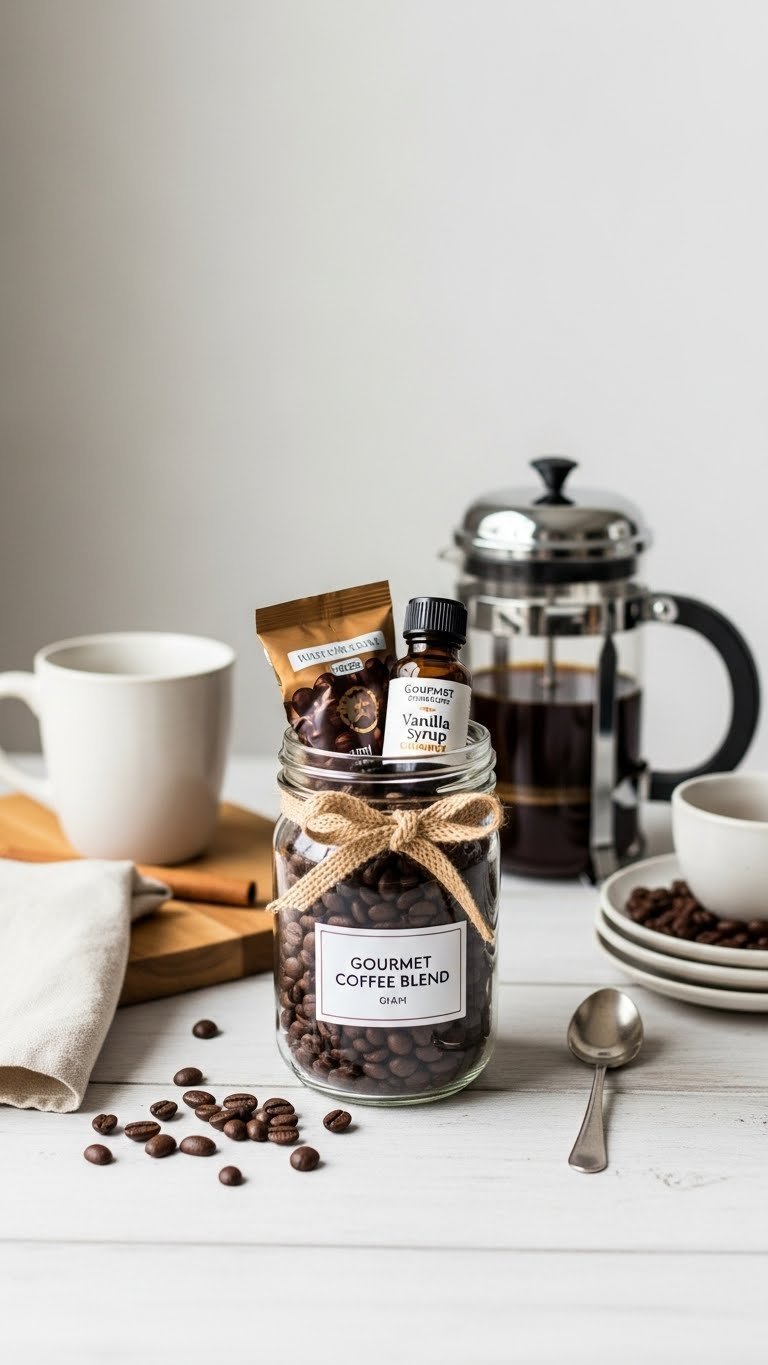 Gourmet Coffee Blend mason jar gift with whole beans, coffee syrup, and chocolate espresso beans on light table