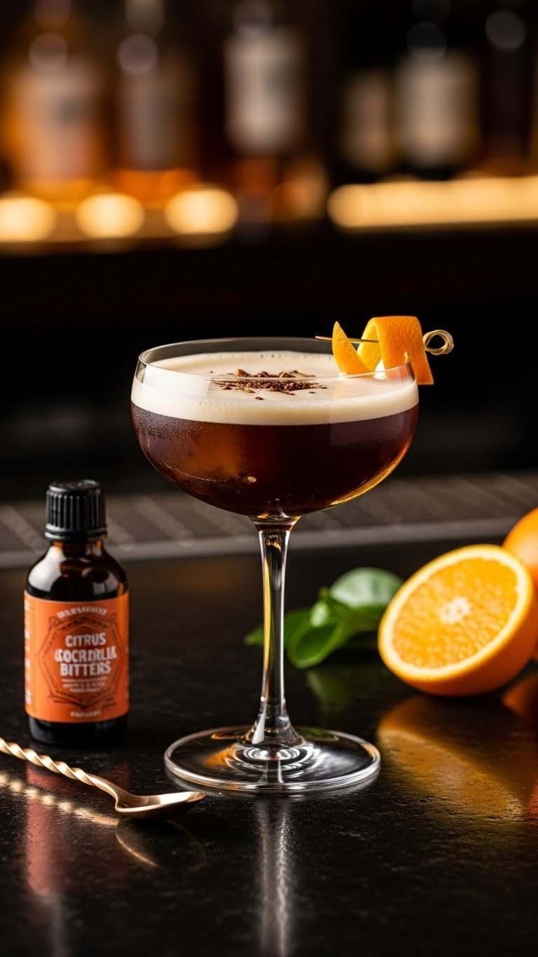 Gourmet citrus bitters coke in coupe glass with orange twist on dark polished bar