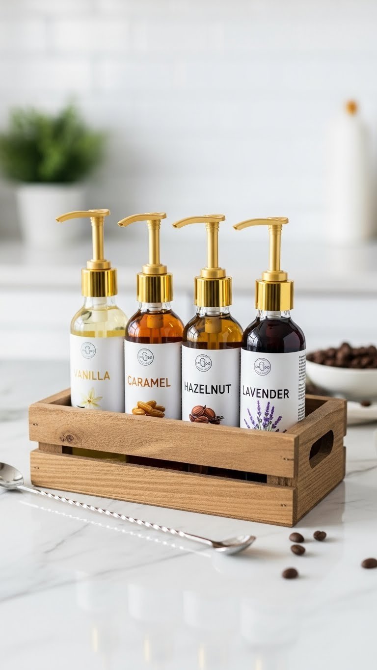 Gourmet coffee syrup gift set with four flavored glass bottles in wooden crate on marble countertop