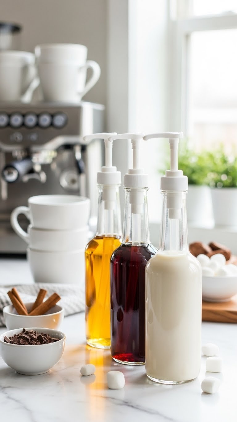 Gourmet coffee syrup station with glass pump bottles of vanilla, caramel and mocha syrups on marble countertop