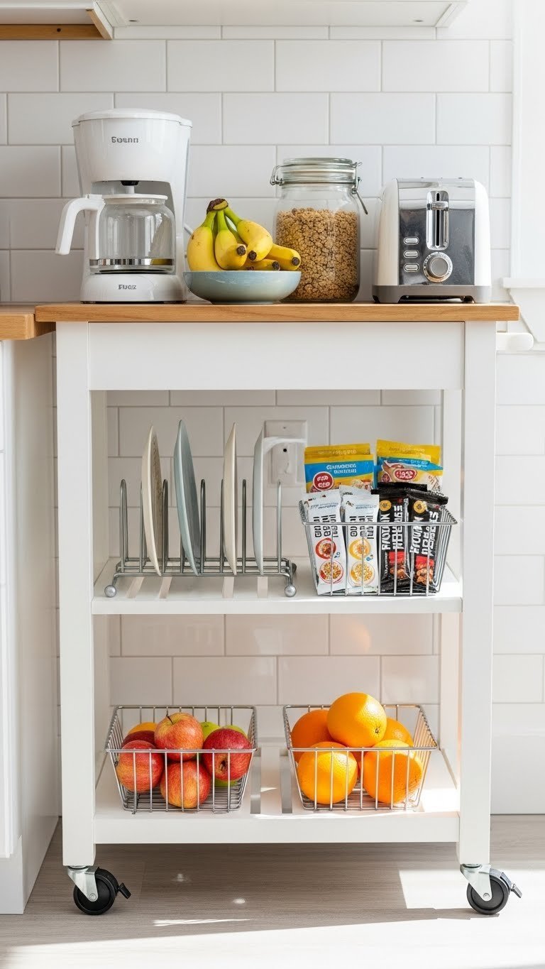 Grab-and-go breakfast cart with coffee maker, toaster, granola jar, bananas, and breakfast plates in bright kitchen setting.
