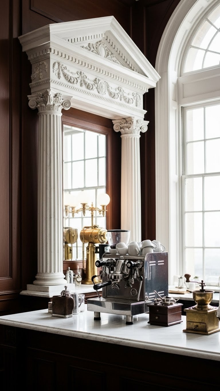 Grand neoclassical coffee bar with fluted marble columns, mahogany wood, vintage espresso machine, and porcelain cups on polished countertop