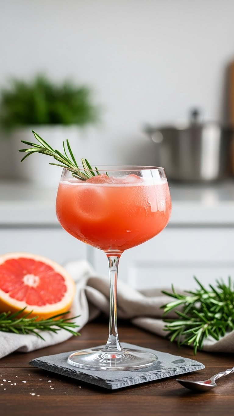 Grapefruit rosemary fizz in coupe glass with blush pink juice and elegant rosemary sprig garnish on dark wood surface