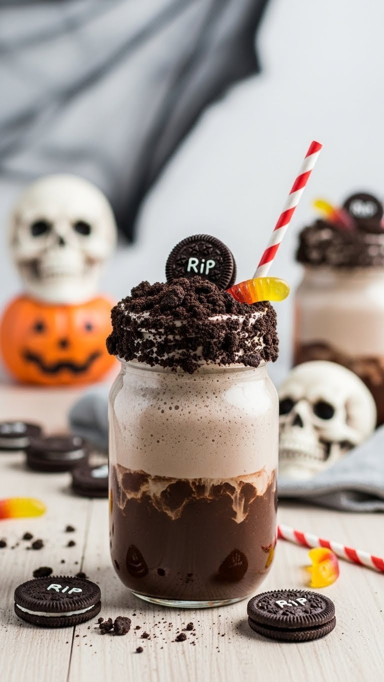 Grave Dirt coffee shake in mason jar with chocolate cookie topping and tombstone cookie garnish