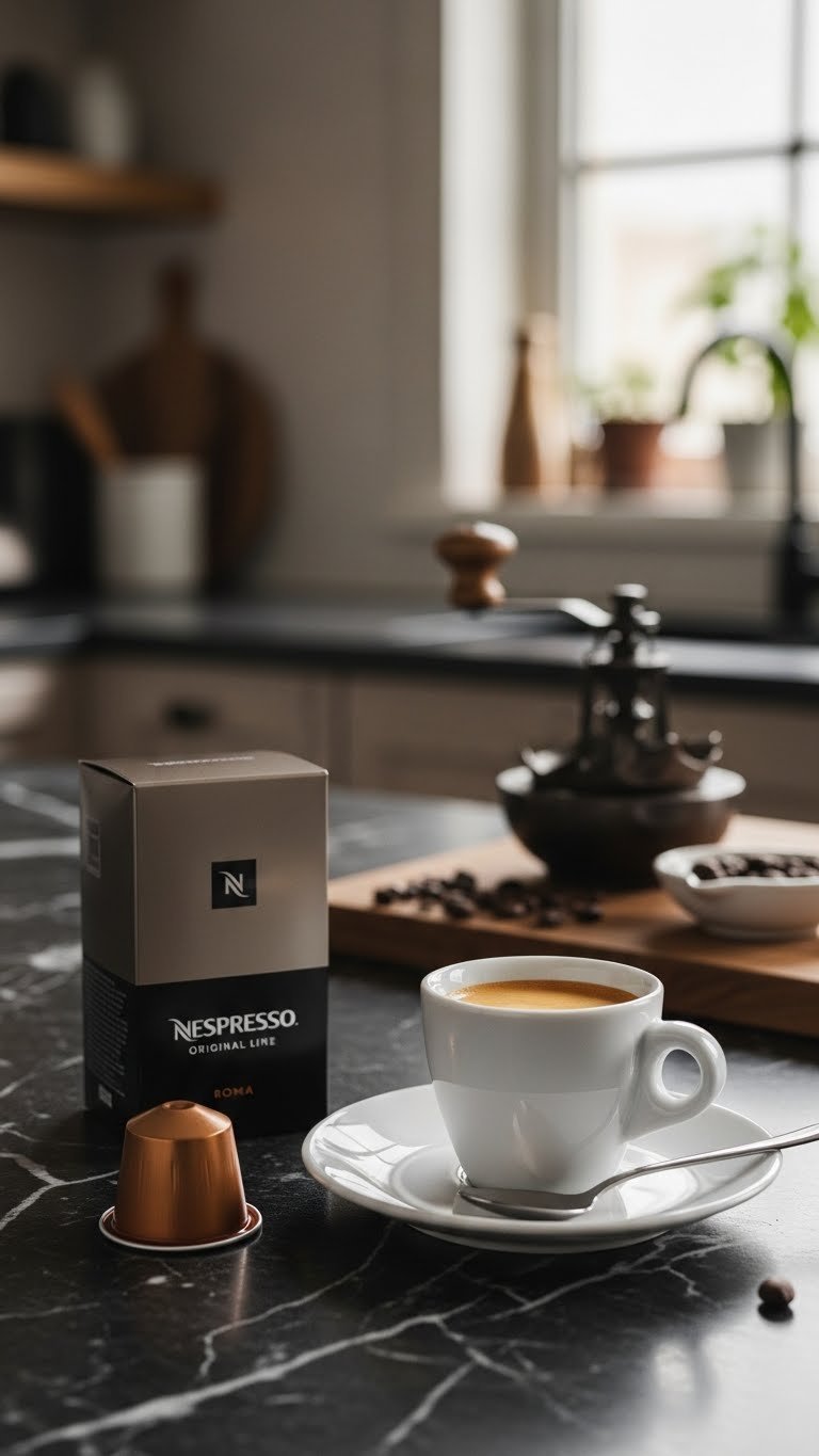 Gray Nespresso Original Line Roma capsule with classic espresso shot in white demitasse cup
