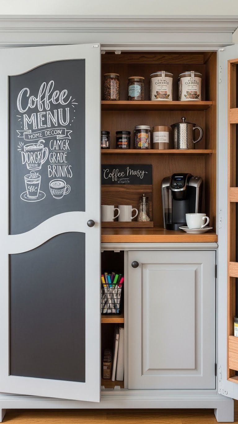 Gray armoire coffee bar with chalkboard door featuring artistic menu lettering and organized coffee supplies.