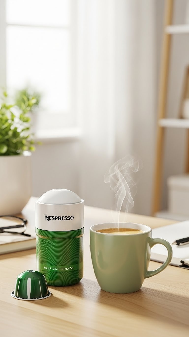 Green striped Nespresso Vertuo Half Caffeinato pod next to partially filled coffee mug on light wood