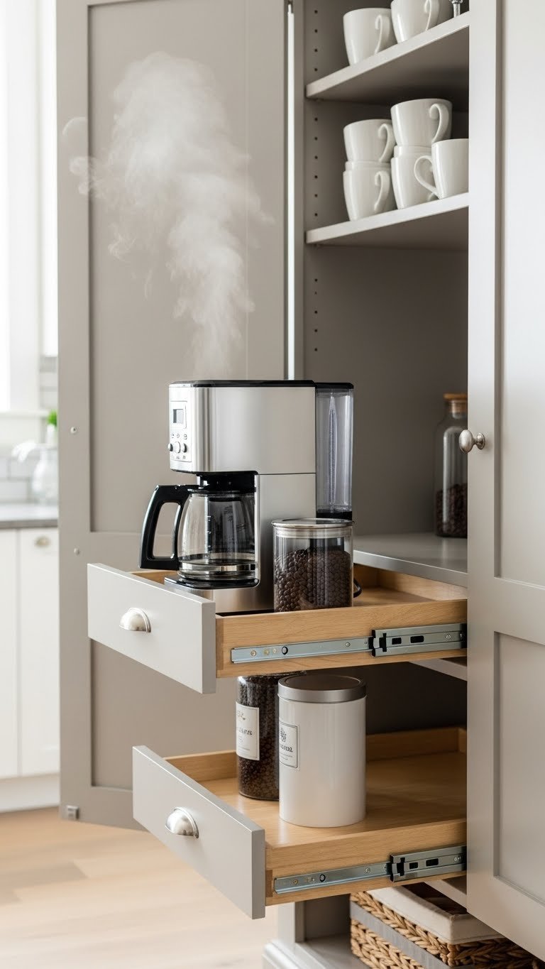 Greige armoire coffee station with functional pull-out tray holding coffee maker and organized mug storage.