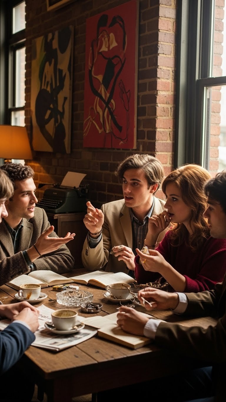 Group of beatniks engaged in animated conversation at rustic wooden table in 60s coffeehouse with vintage decor