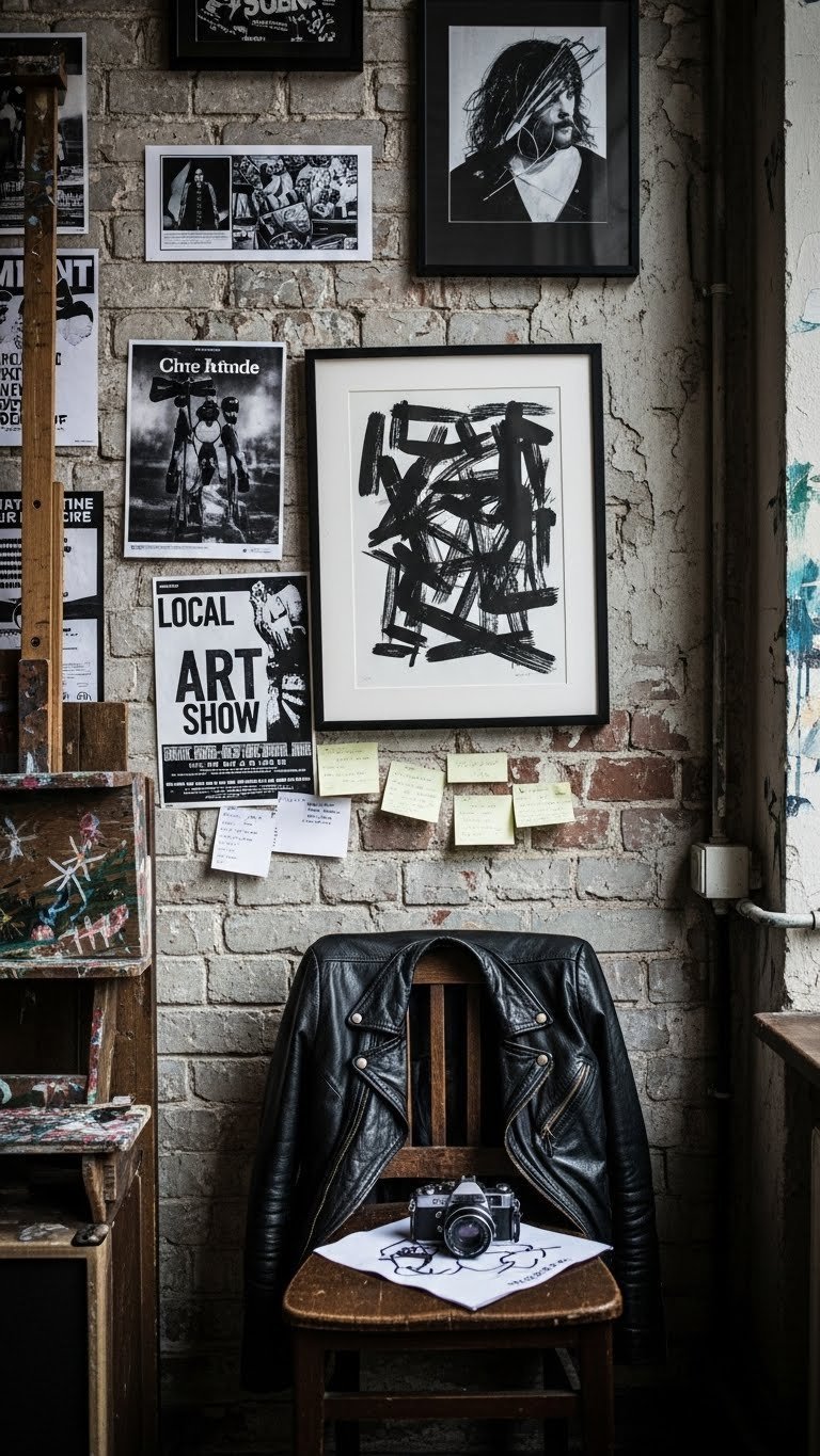 Grunge era coffee shop wall covered with vintage band posters and framed abstract art on textured plaster surface