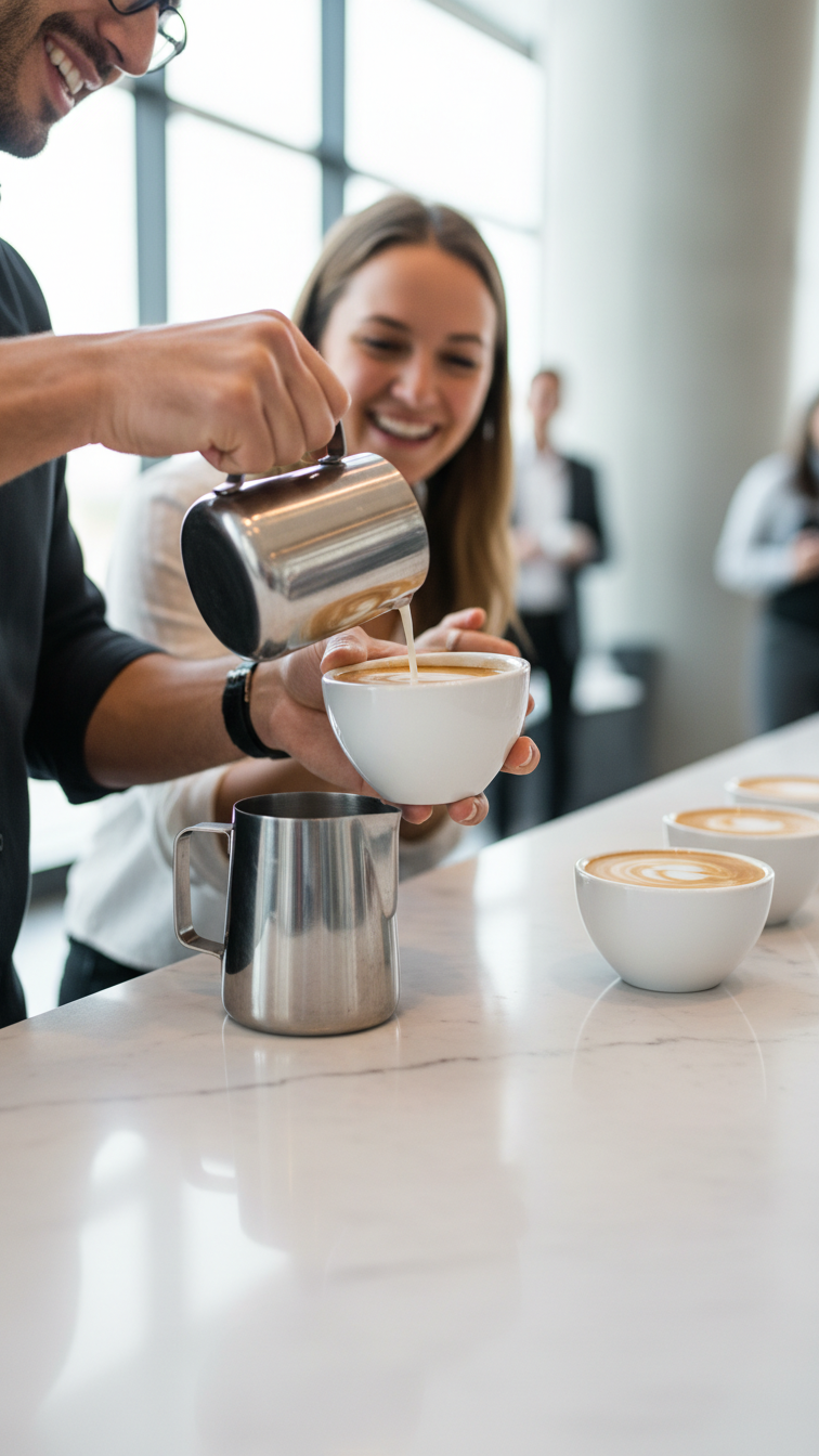 Guest and barista hands creating rosetta latte art at modern corporate coffee station with marble countertop