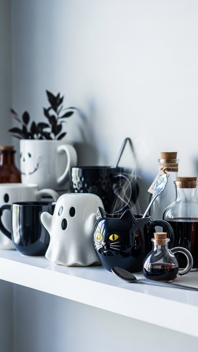 Halloween-themed coffee mugs including ghost mug, black cat mug, and potion bottle glass on white shelf