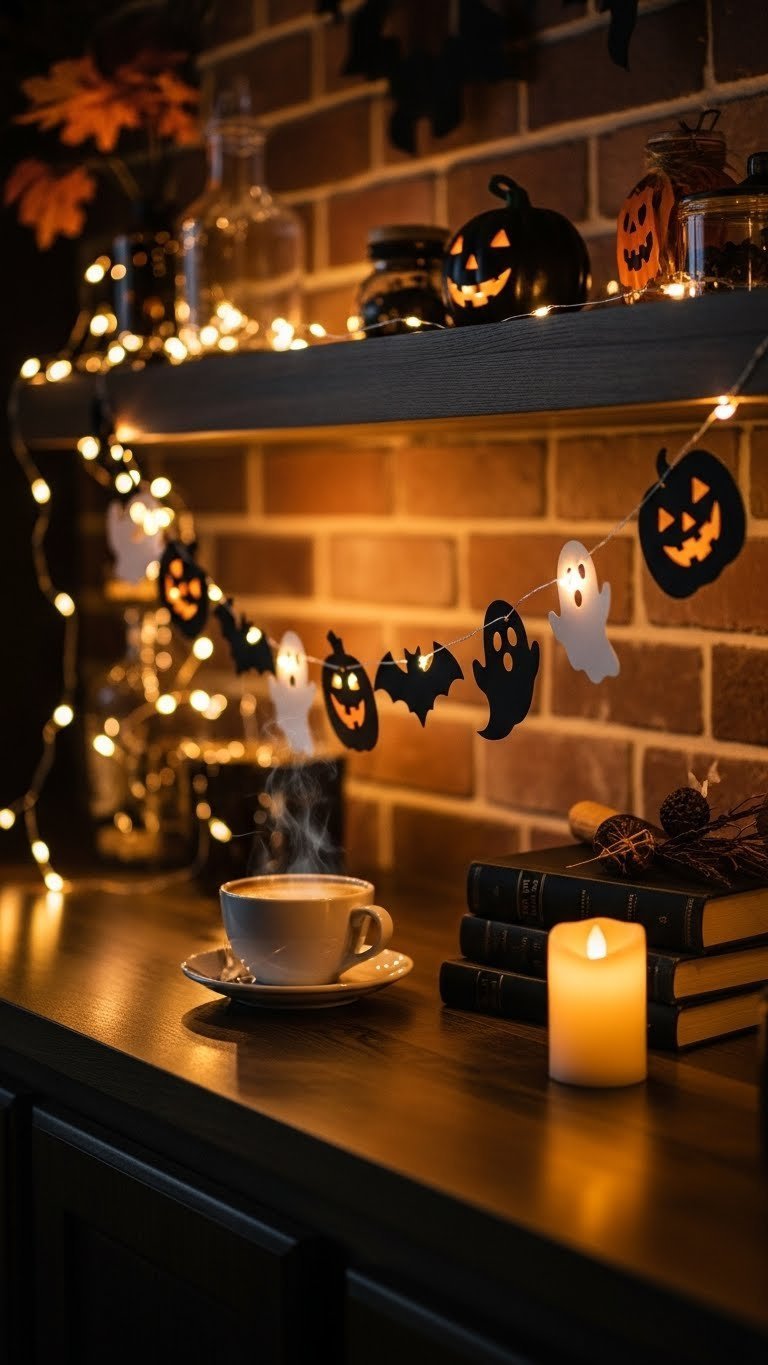 Halloween-themed garland draped over coffee bar illuminated by warm string lights