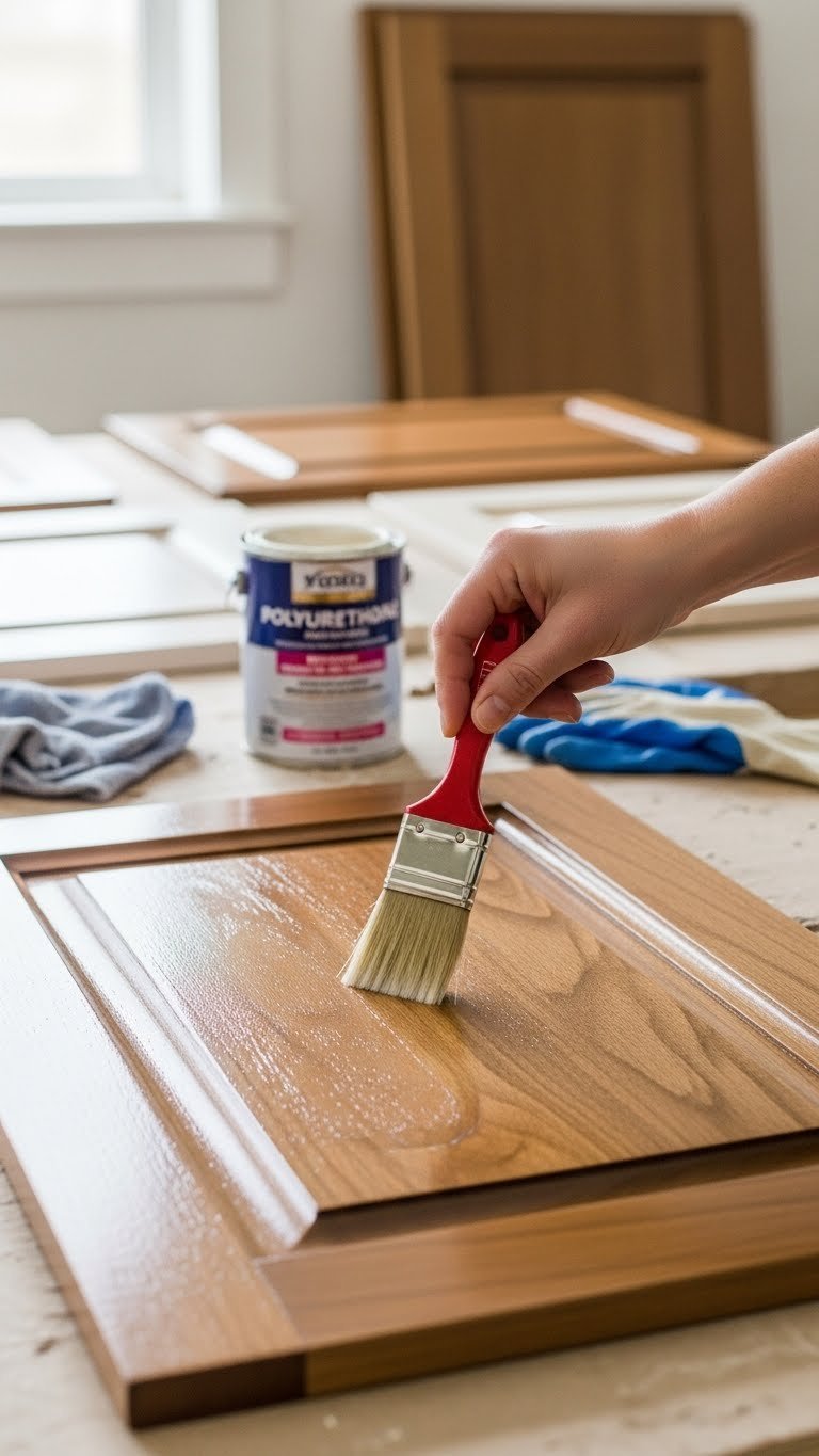 Hand applying clear protective topcoat over gel-stained kitchen cabinet door for glossy finish protection