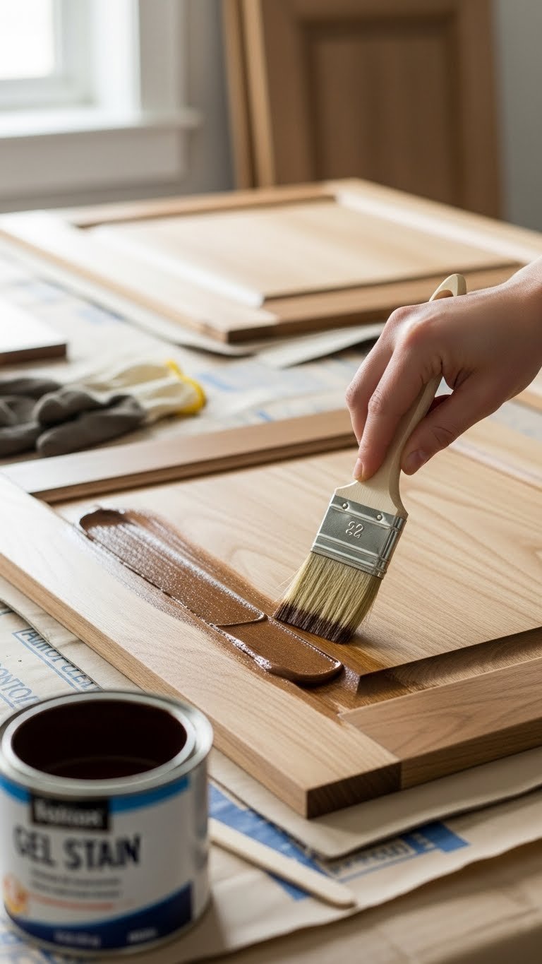 Hand applying gel stain with foam applicator to prepared kitchen cabinet door showing rich color coverage