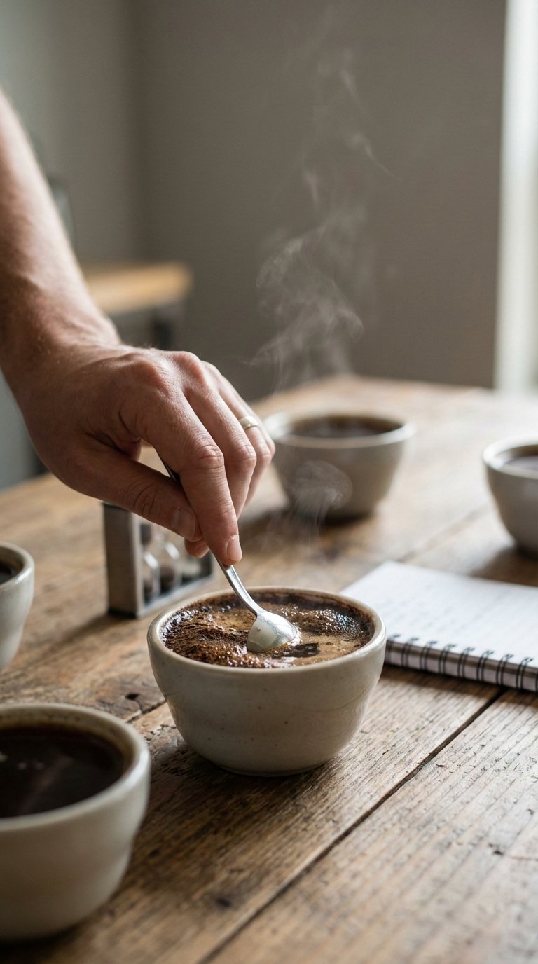 Coffee Flavor Wheel Ultimate Guide for Master Coffee Tasting 3 Hand breaking crust of coffee cupping bowl with spoon, revealing dark liquid with steam rising in professional coffee laboratory setting.