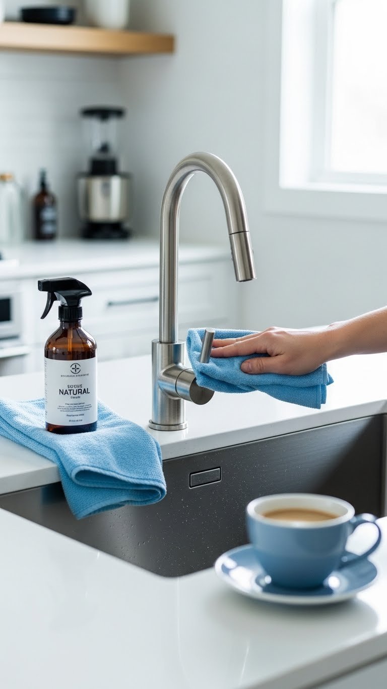 Hand cleaning stainless steel coffee bar sink with cloth while faucet gleams under bright natural light