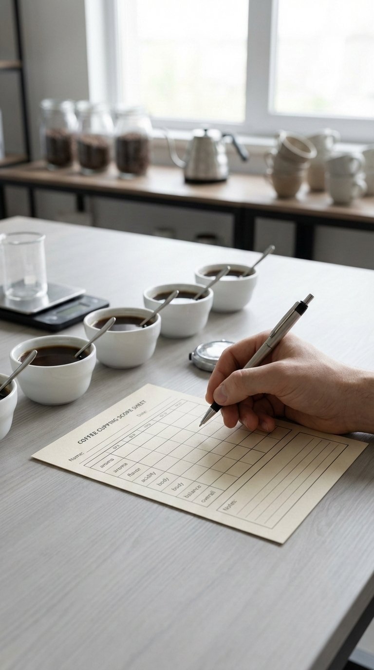 Coffee Flavor Wheel Ultimate Guide for Master Coffee Tasting 11 Hand filling out coffee cupping score sheet with pen poised over aroma and flavor sections, coffee samples in background.