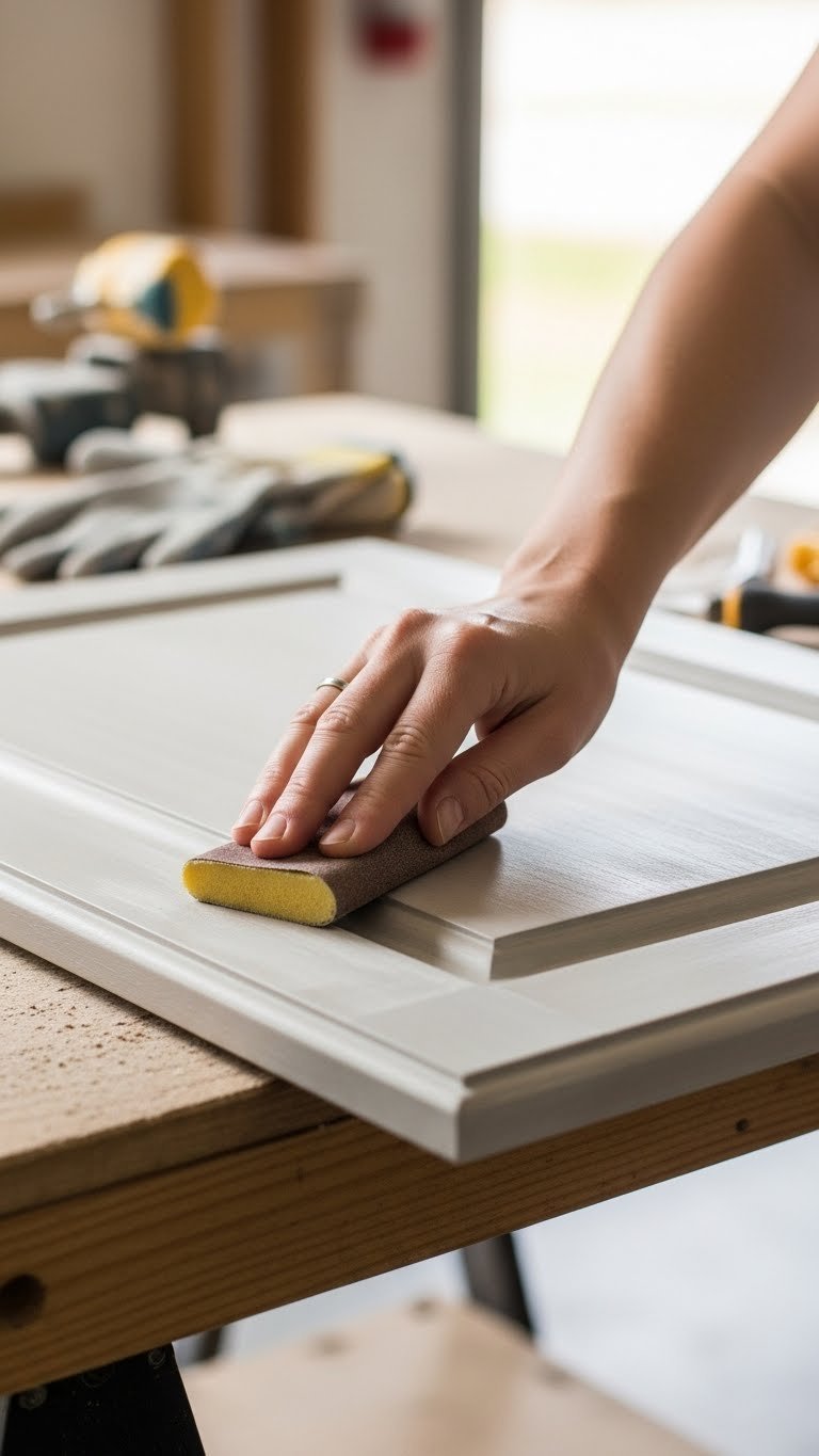 Hand gently sanding kitchen cabinet door with fine-grit sponge for gel stain preparation in workshop setting