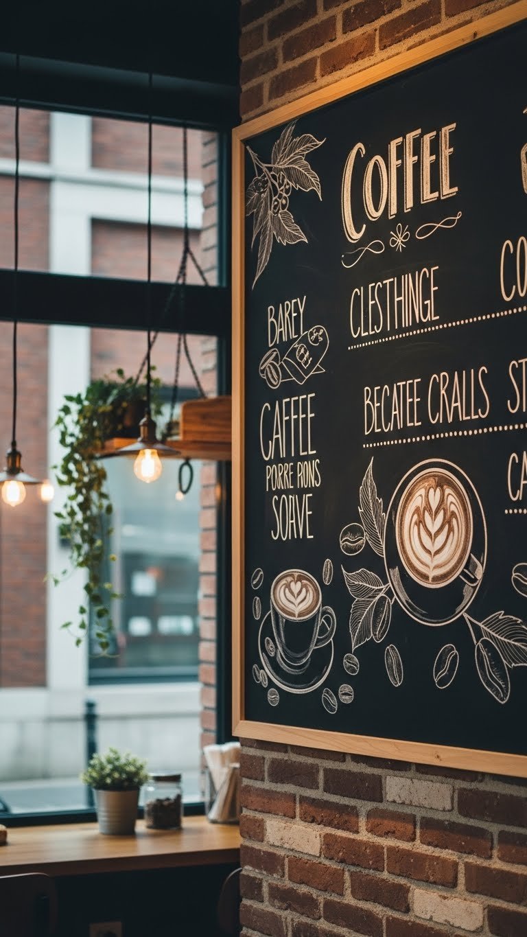 Hand-lettered chalkboard coffee menu on rustic brick wall with artistic coffee bean illustrations and warm golden hour lighting in cozy cafe setting